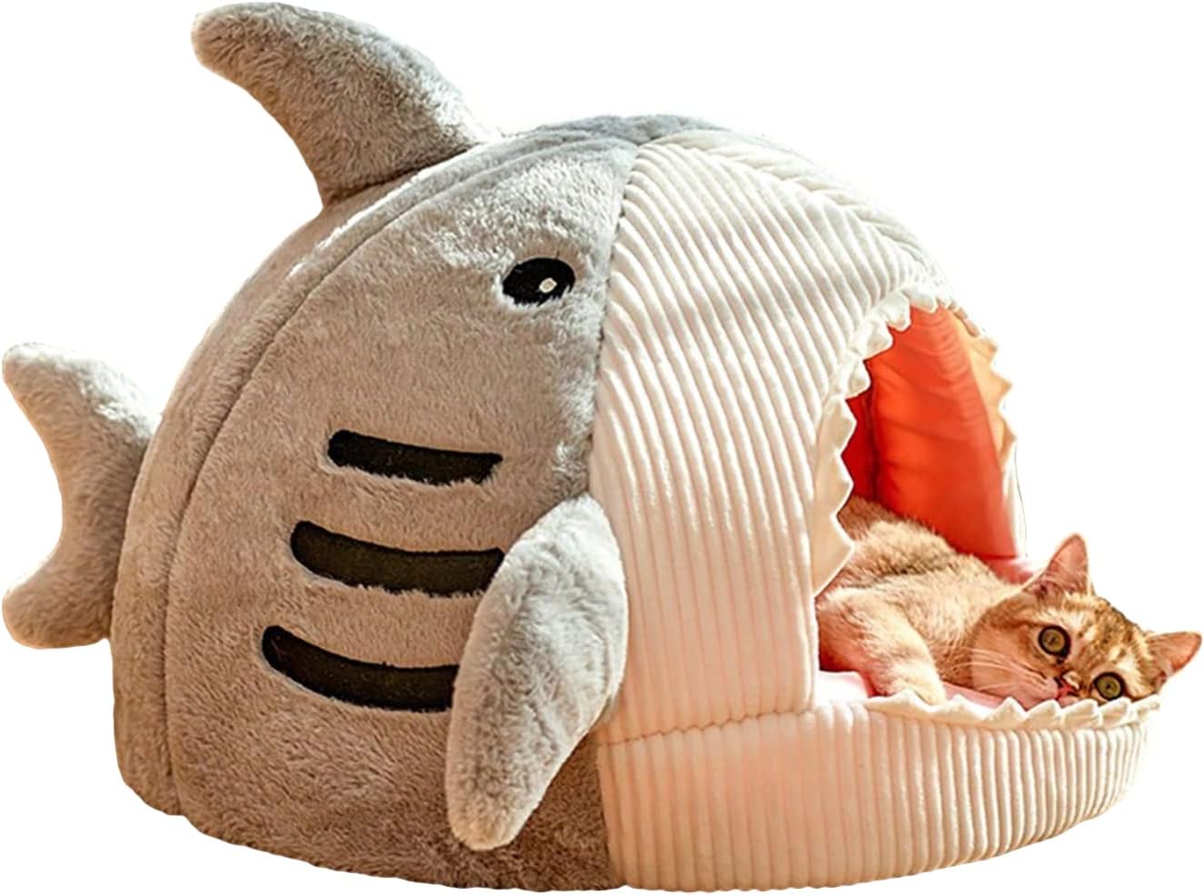 QWINEE Cat Mat Shark-Shaped Kennel Kitten Bed Hideout House Warm Soft Comfortable Semi-Closed Cat Dog Nest Grey Small