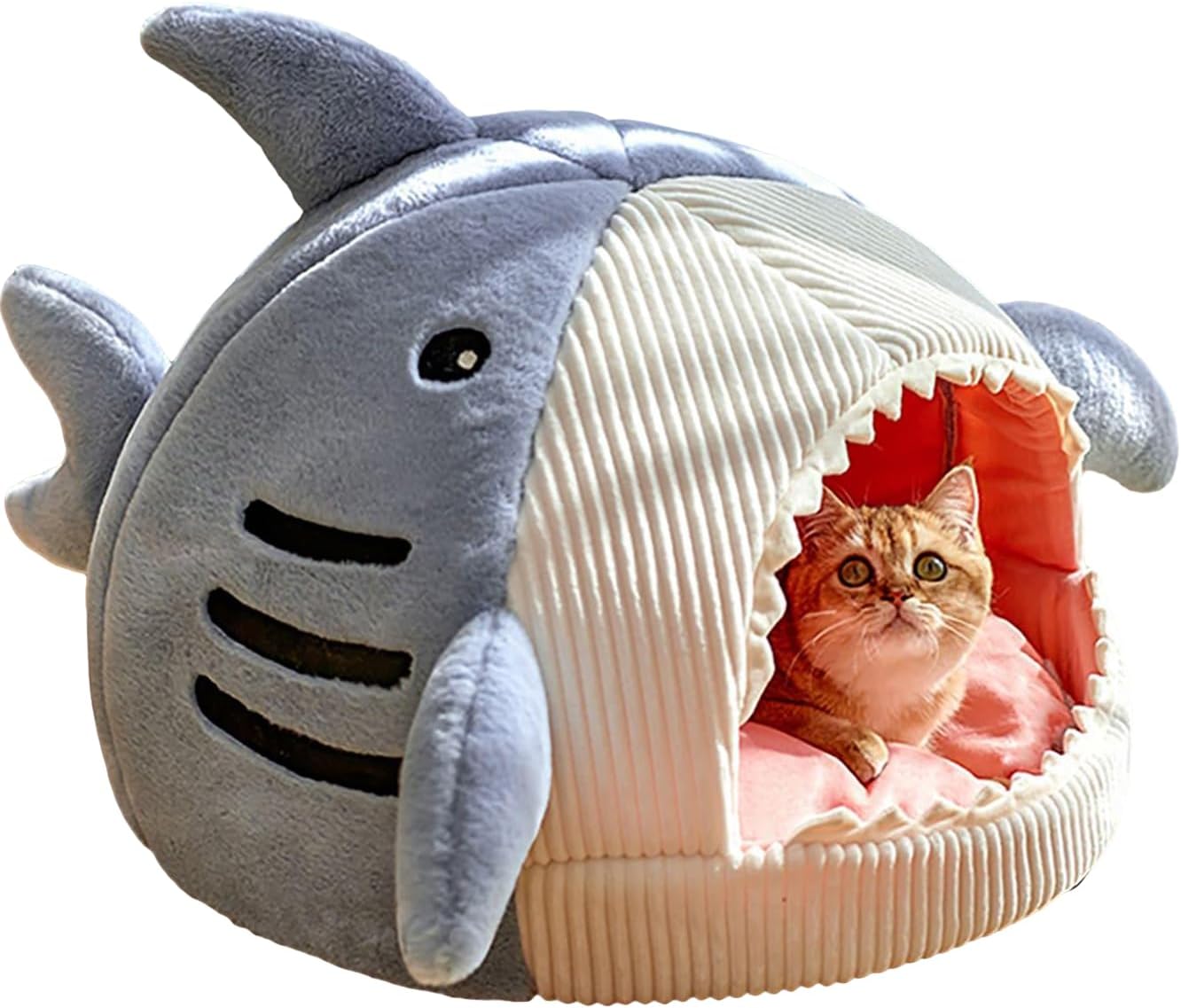 QWINEE Cat Mat Shark-Shaped Kennel Kitten Bed Hideout House Warm Soft Comfortable Semi-Closed Cat Dog Nest Grey Small